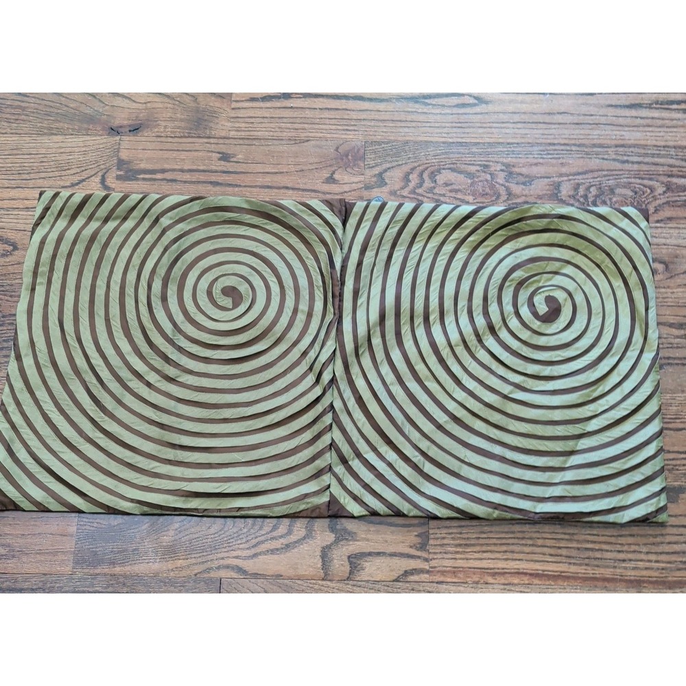 Pier 1 Imports Brown & Green/Olive Spiral Ribbon Set Of 2 Pillow Covers 18"x18"